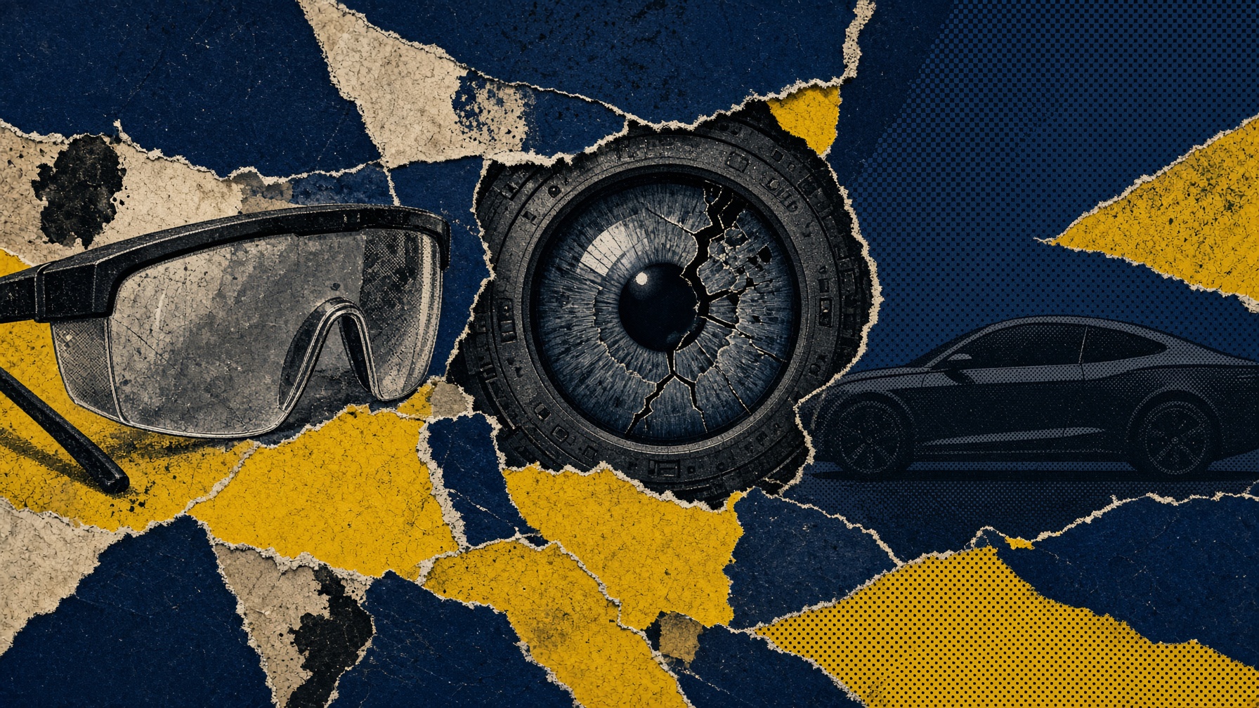 Collage: un lentes de ingeniero, un ojo de máquina, un auto.
