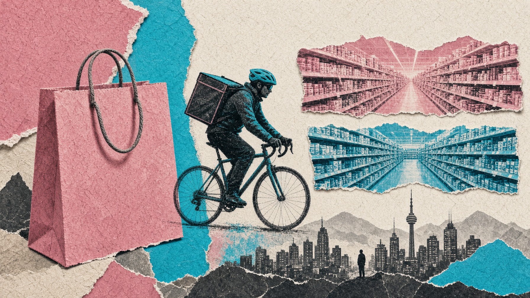 Collage: una bolsa de supermercado, un ciclista, una ciudad.
