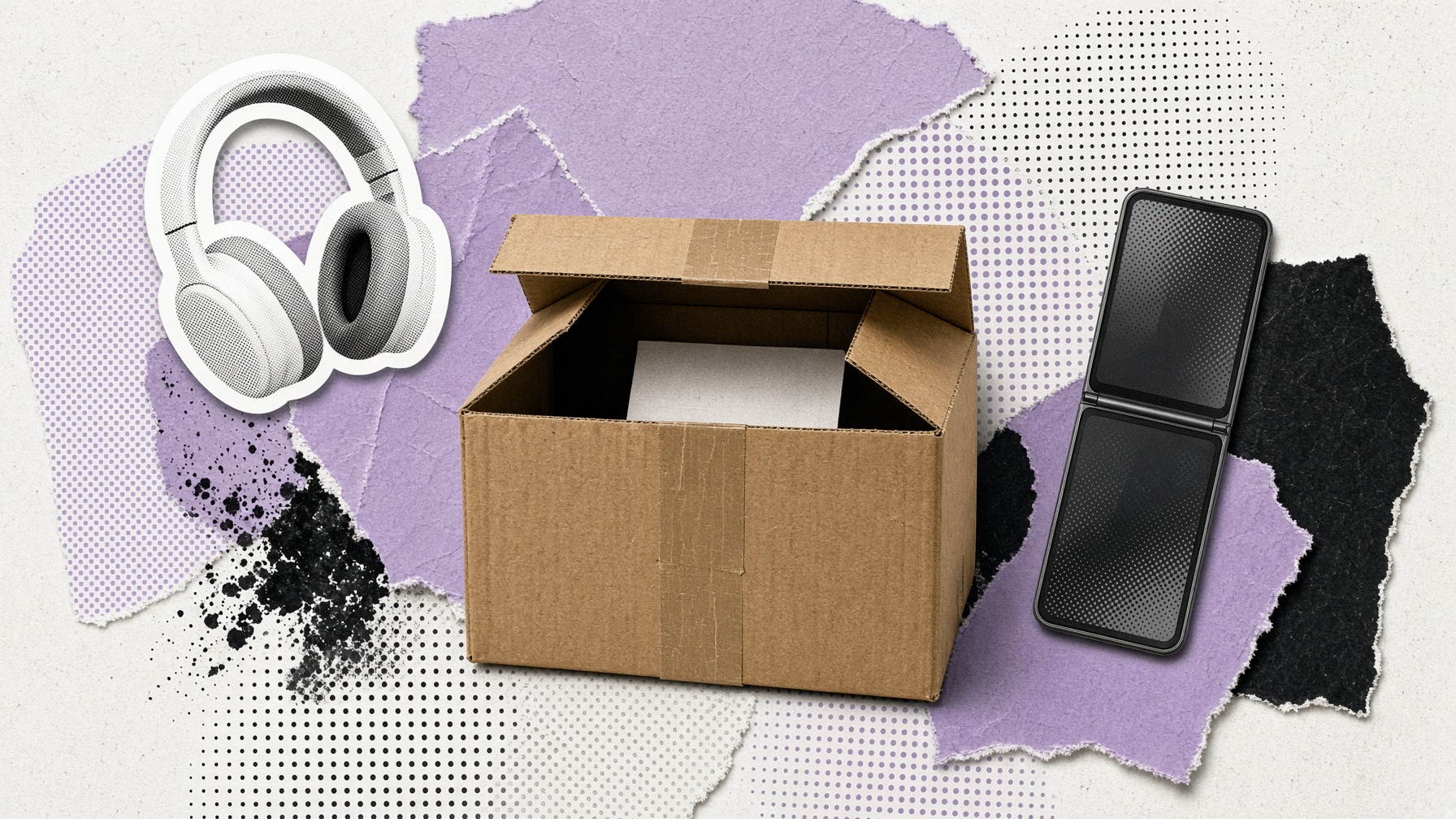 Collage: una caja entreabierta, auriculares, un teléfono que se pliega.